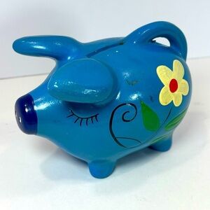 Vintage Chalkware Blue White Floral Piggy Bank- 1970’s Handpainted Retro 6”